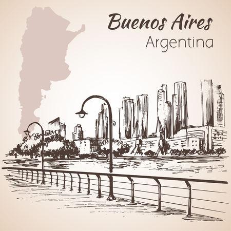 Buenos Aires cityscape seafront.  Argentina. Sketch. Isolated on white background.のイラスト素材
