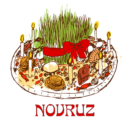 Novruz tray with sweets and candles. Isolated on white backgroundのイラスト素材