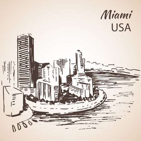 Miami city harbor sketch. Isolated on white backgroundのイラスト素材