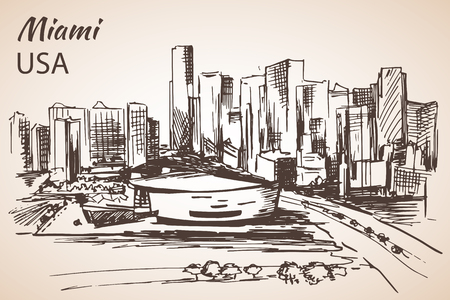 Hand drawn Miami city sketch. Isolated on white backgroundのイラスト素材