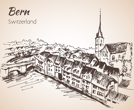 Bern city view sketch. Switzerland. Isolated on white backgroundのイラスト素材