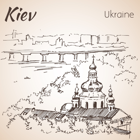 Kiev cityscape sketch with bridge. Isolated on white backgroundのイラスト素材