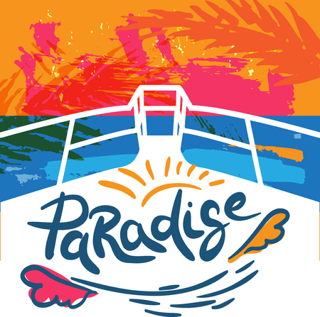 Colorful summer card "Paradise" on the board of yachtのイラスト素材