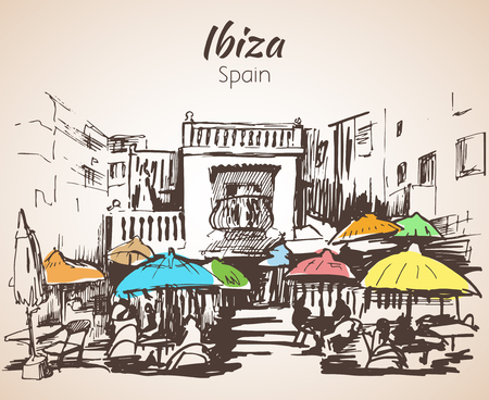 Small cafe in the street. Sketch. Isolated on white backgroundのイラスト素材