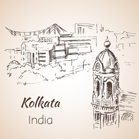 Sketch of indian city Kolkata. Isoated on whita backgroundのイラスト素材