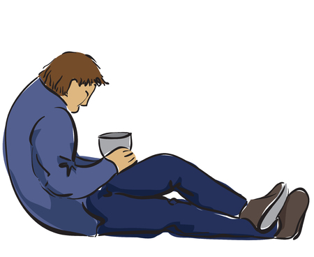 One man sitting in the street with small can for money. Isolated on white backgroundのイラスト素材