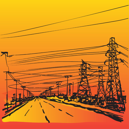 Colorful hand drawn background with network of different electricity cablesのイラスト素材