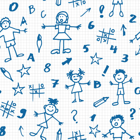 seamless background with hand drawn children and school related thingsのイラスト素材