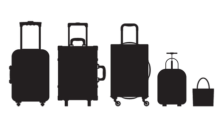 Black and white different types of luggage. Flat design. Vector. Isolated on white backgroundのイラスト素材