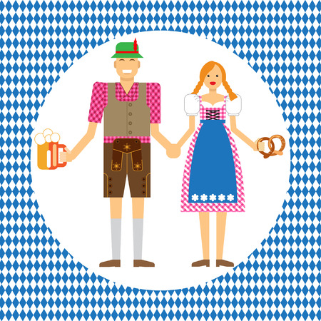 One couple in Typical national costumes during Oktoberfest in Munich with beer and cake in hand isolated on white backgroundのイラスト素材