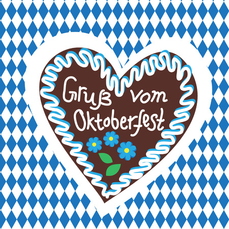 Typical souvenir at the Oktoberfest in Munich -gingerbread-heart, lebkuchenherz isolated on white background and typical patternのイラスト素材
