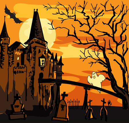 Old building with ghost at night, Halloween orange background.のイラスト素材