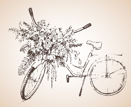 Bike with big bunch of flowers. Sketch. Isolated on white background.のイラスト素材