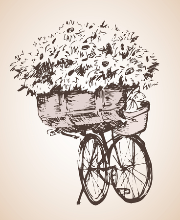 Bike with big bunch of flowers. Sketch. Isolated on white background.のイラスト素材