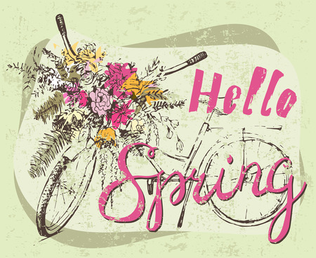 Bike with big bunch of flowers. Sketch. Isolated on white background.のイラスト素材