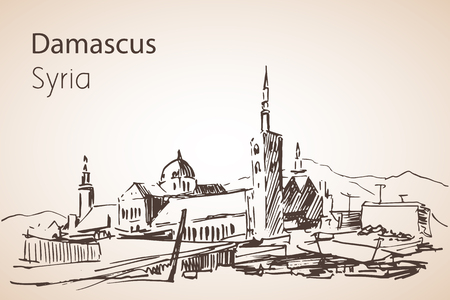 Panoramic view of city Damaskus, Syria. Sketch. Isolated on white backgroundのイラスト素材