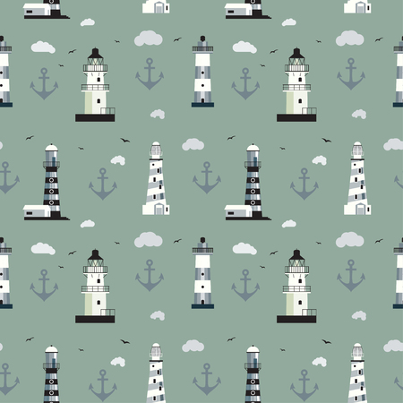 Seamless background with different Lighthouses isolated on grey background. With cloud, anchor, sky and birdsのイラスト素材