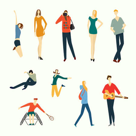 Crowd of people isolated on white background. Large group of men and women performing outdoor activities. Flat cartoon characters wearing different clothing.のイラスト素材