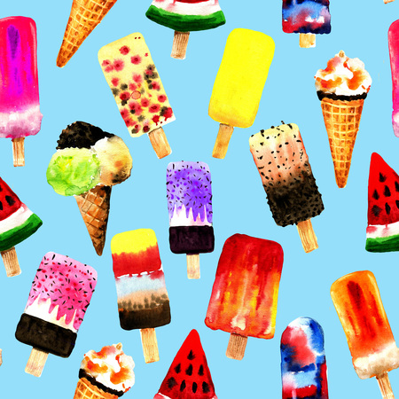 Watercolor different  ice cream on white background. Summer dessert. Seamless pattern. - Illustrationの写真素材