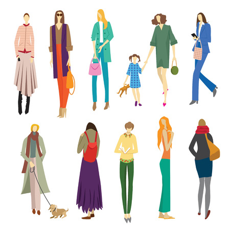 Crowd of people isolated on white background. Large group of men and women performing outdoor activities. Flat cartoon characters wearing different clothing.のイラスト素材