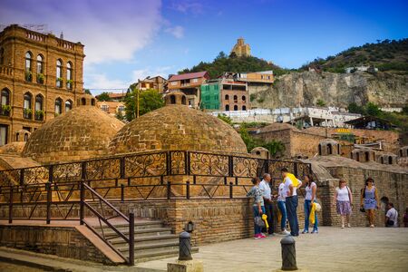 Tbilisi, Georgia. 15.08.2018 Panorama of Tbilisi. Sulfur baths - bathhouses with pools of hot, sulfur-rich water, with optional private rooms, massageのeditorial素材