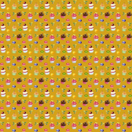 Seamless watercolor pattern with sweets, berries and leafs. Isolated on colorful backgroundの写真素材