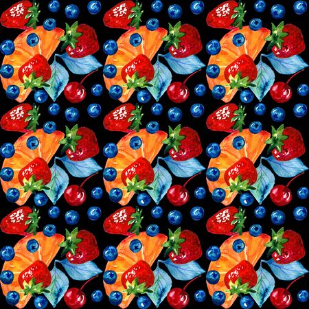 Seamless watercolor pattern with sweets, berries and leafs. Isolated on black background