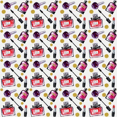 Watercolor seamless pattern with make-up elements and parfume. Isolated on white backgroundの写真素材