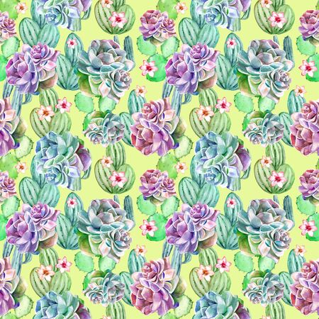 Watercolor cactus seamless pattern background. Artwork hand-drawn painted.の写真素材