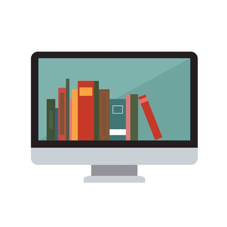 Symbol of e-learning with monitor and many books inside. Isolatedのイラスト素材