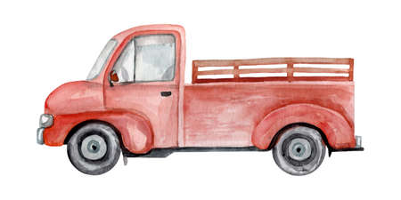 Watercolor old-time red empty truck isolated on white background. Hand drawn high resolutionの写真素材