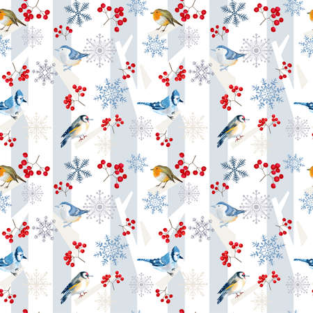 Seamless winter pattern with birds on white tree with red berry. Snow trees at the forestの写真素材