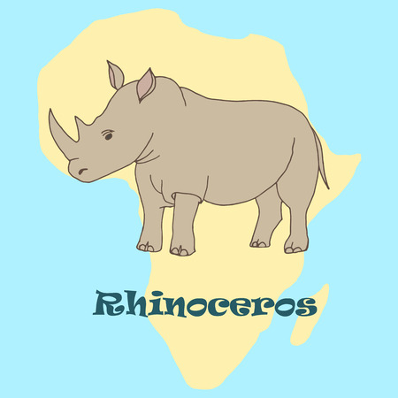 Cute hand drawn rhino. African rhino on the background of the continent Africa. Flat style.のイラスト素材