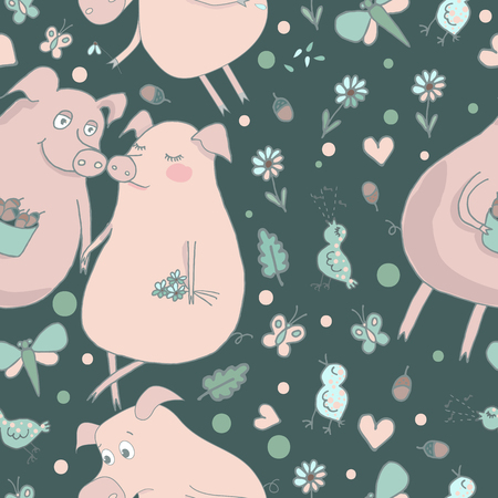 Cute endless pattern with lovers pigs. Couple of pigs. Romantic seamless pattern. Trendy colorful illustration with pigs, birds, butterflies, flowers and hearts on dark background. Flat cartoon styleのイラスト素材
