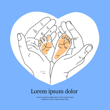 Delicate little feet of newborn baby in a caring and loving hands of mother. The picture painted by hand. Mom hands and feet baby on a blue backgroundのイラスト素材