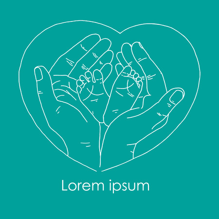 Delicate little feet of newborn baby in a caring and loving hands of mother. The picture painted by hand. Mom hands and feet baby on a turquoise backgroundのイラスト素材