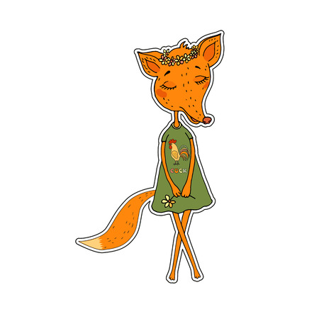 Cute Fox girl in a dress with a rooster and a flower wreath on the head. Fox sticker in cartoon styleのイラスト素材