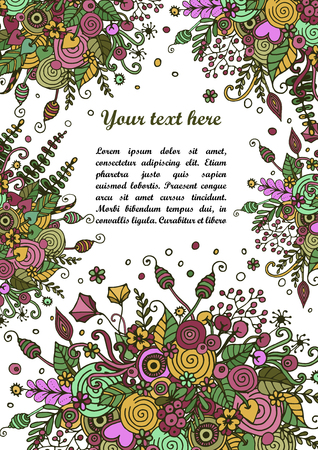 Floral frame made of flowers, branches, spirals, berries and other elements in doodling style.のイラスト素材