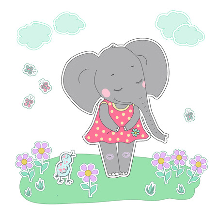 Elephant girl with closed eyes having flower in her hand. Lovely elephant calf in a dress in peas on white background with bird, flowers, butterflies, clouds. Animal sticker in cartoon styleのイラスト素材