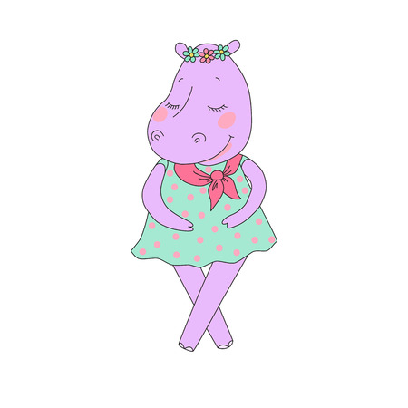 Hippo girl with closed eyes having a flower wreath on the head. Lovely hippopotamus in a dress in peas on white backgroundのイラスト素材