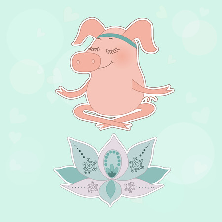 The lovely happy pig blindly sits in a lotus pose, meditation. Fine flower of a lotus. Cute cartoon pig sticker on blue background with circles and heartsのイラスト素材