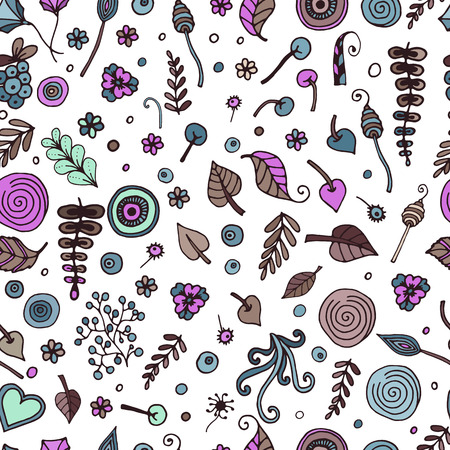 Seamless botanic texture, flowers, leaves, spirals, berries and other elements in doodling style.のイラスト素材