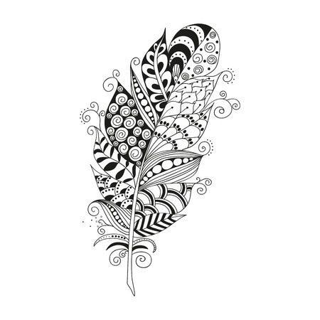 Hand drawn feather on white background. Coloring for adults. taVinge tribal feather. Isolated illustration, design element.のイラスト素材