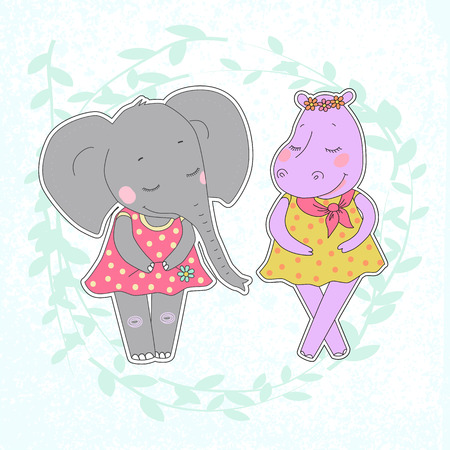 Hippo and elephant girls with closed eyes. Lovely hippopotamus and elephant in a dress in peas on background with branches and texture. Animal sticker in cartoon style.のイラスト素材
