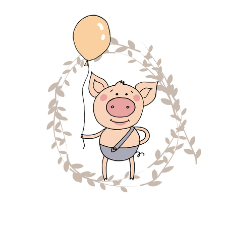 Cute little pig standing with the balloon in a handのイラスト素材