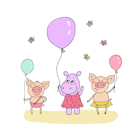 Cute little pigs and baby hippoのイラスト素材