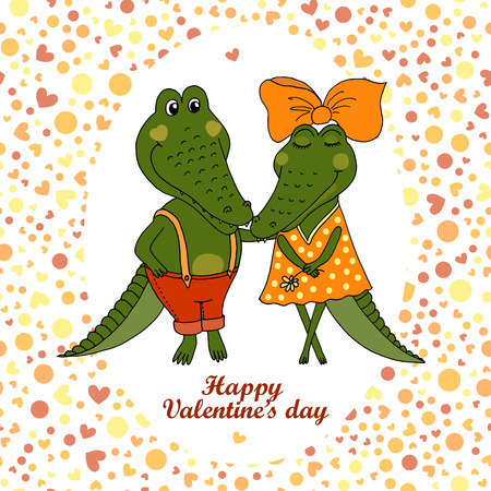 Two cute crocodiles fallen in love. Vector funny illustration for Valentine's Day, wedding design, scrapbook, gift wrapping paper, textiles. Cartoon style. Romantic pattern with Hearts and peas.のイラスト素材