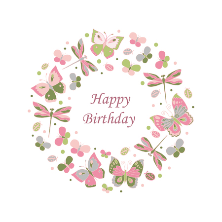 Cute round frame made of butterfly and dragonfly with Place For Your Text. Colorful doodle card on a special occasion. Can be used for Valentine's Day, wedding design, scrapbook, invitations, postcardのイラスト素材
