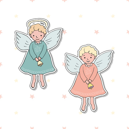 Cute Christmas angel with bell in cartoon styleの写真素材