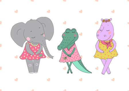Hippo, elephant and crocodile girls with closed eyesのイラスト素材